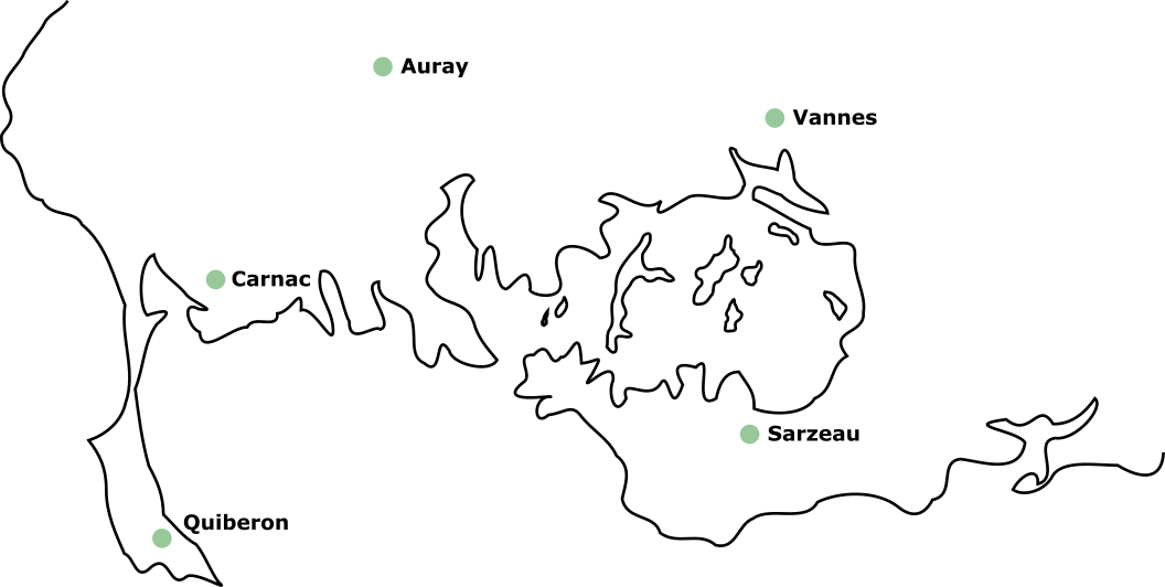Carte géographique montrant les emplacements de cinq villes : Auray, Vannes, Sarzeau, Carnac et Quiberon.