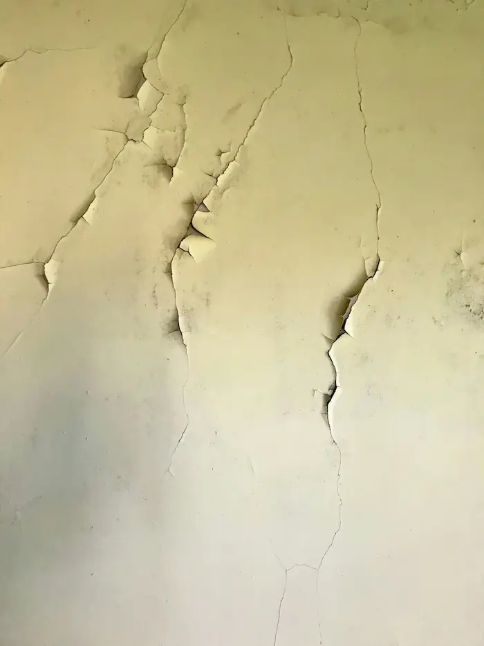 Un mur avec de la peinture blanche écaillée et fissurée, révélant des zones de plâtre nu et des traces de moisissure.