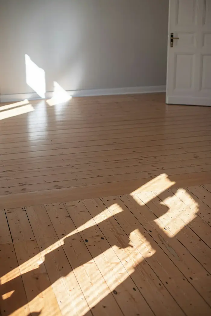 Une pièce vide avec un sol en bois clair, des murs blancs, une porte blanche à panneaux, et des ombres projetées sur le sol par la lumière du soleil entrant par une fenêtre.