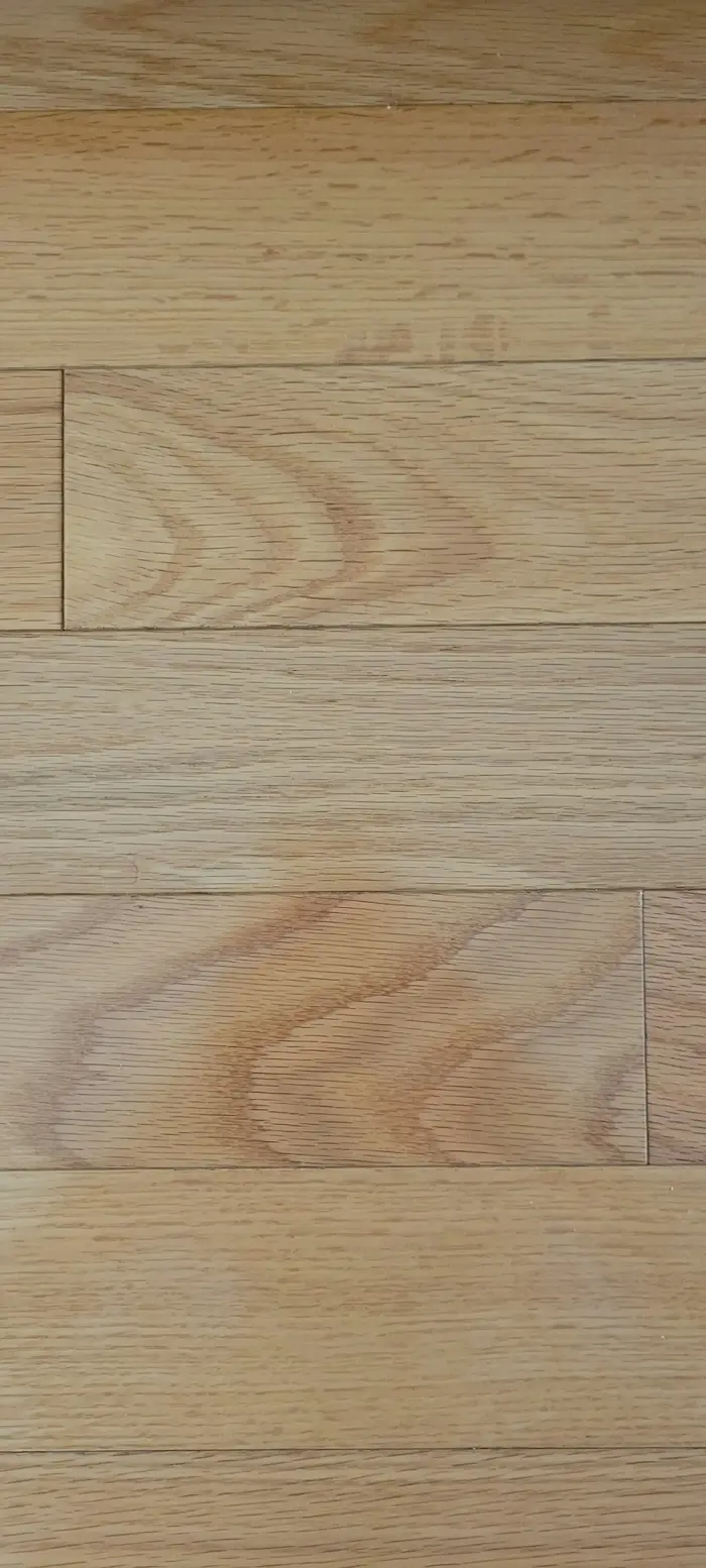 Un sol en bois clair avec des lattes disposées horizontalement, montrant des nœuds et des variations naturelles dans le grain du bois.